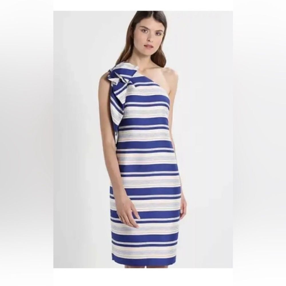 BANANA REPUBLIC Blue Striped One Shoulder Cascading Bow Midi Dress Size 4